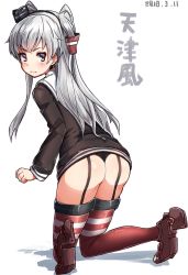 Rule 34 | 1girl, amatsukaze (kancolle), black panties, brown dress, brown eyes, character name, dress, from behind, garter straps, hair tubes, hat, highres, kantai collection, kneeling, long hair, looking at viewer, looking back, mini hat, panties, red thighhighs, sailor collar, sailor dress, short dress, silver hair, solo, striped clothes, striped thighhighs, thighhighs, thong, two side up, underwear, white background, white sailor collar, yufuissei0702