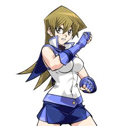 Rule 34 | 1girl, bare legs, bare shoulders, blonde hair, breasts, clenched hands, clenched teeth, elbow gloves, female focus, fingerless gloves, gloves, konami, large breasts, long hair, looking at viewer, miniskirt, obelisk blue uniform, official art, open mouth, serious, shiny clothes, shiny skin, skirt, solo, sweat, teeth, tenjouin asuka, transparent background, very long hair, wide hips, yellow eyes, yu-gi-oh!, yu-gi-oh! gx