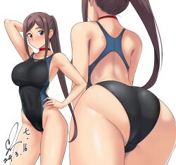 Rule 34 | 1girl, armpits, ass, back, back focus, black one-piece swimsuit, blue eyes, borrowed character, breasts, brown hair, choker, commentary request, commission, competition swimsuit, contrapposto, covered navel, cowboy shot, dated, hand on own hip, highleg, highleg swimsuit, highres, large breasts, long hair, multiple views, one-piece swimsuit, original, pixiv commission, ponytail, presenting armpit, racerback, red choker, signature, simple background, standing, swimsuit, white background, yoo tenchi
