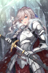 Rule 34 | 1girl, armor, blue eyes, blue ribbon, braid, cenangam, cowboy shot, floating hair, forest, gauntlets, hair between eyes, hair ribbon, highres, holding, holding sheath, holding sword, holding weapon, knight, long hair, nature, open mouth, original, outdoors, pauldrons, plate armor, ribbon, sheath, shoulder armor, silver hair, snowing, solo, sparkle, standing, sword, unsheathing, weapon