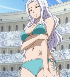 Rule 34 | 1girl, blue eyes, blush, breasts, cleavage, closed eyes, fairy tail, female focus, highres, large breasts, long hair, mirajane strauss, screencap, smile, solo, stitched, swimsuit, tattoo, third-party edit, underboob, white hair