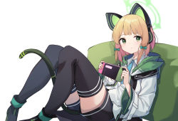 Rule 34 | 1girl, animal ear headphones, black thighhighs, blonde hair, blue archive, cat ear headphones, fake animal ears, green eyes, headphones, highres, jacket, looking at viewer, midori (blue archive), pillow, playing games, ribbon, school uniform, short hair, shorts, simple background, sitting, solo, thighhighs, white background, ziro (zirorong)