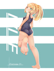 Rule 34 | 1girl, adjusting clothes, adjusting swimsuit, ass, bad id, bad pixiv id, barefoot, blonde hair, blunt bangs, blush, braid, breasts, character name, creatures (company), feet, foot focus, foreshortening, french braid, from behind, full body, game freak, green eyes, high ponytail, highres, leg up, lillie (pokemon), long hair, nintendo, one-piece swimsuit, pokemon, pokemon sm, school swimsuit, small breasts, soles, solo, standing, standing on one leg, swimsuit, toes, yuno (mioalice)