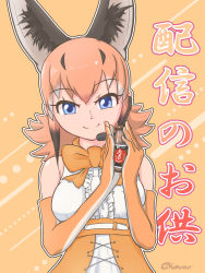 Rule 34 | 1girl, animal costume, animal ear fluff, animal ears, blue eyes, bow, bowtie, caracal (kemono friends), caracal ears, closed mouth, drink, elbow gloves, gloves, highres, kemono friends, kemono friends v project, long hair, looking at viewer, microphone, multicolored hair, nokemono-san (bocchi friend), orange hair, shirt, simple background, skirt, sleeveless, sleeveless shirt, smile, solo, virtual youtuber