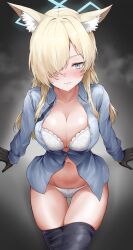 Rule 34 | 1girl, animal ear fluff, animal ears, black background, black gloves, blonde hair, blue archive, blue eyes, blue shirt, blush, bra, breasts, cleavage, clenched teeth, clothes pull, collarbone, cowboy shot, dog ears, dress shirt, frown, gloves, gradient background, hair over one eye, highres, kanna (blue archive), large breasts, lds (dstwins97), long hair, long sleeves, looking at viewer, navel, no pants, one eye covered, open clothes, open shirt, panties, pantyhose, pantyhose pull, partially unbuttoned, shirt, simple background, solo, sweat, teeth, thigh gap, thighs, tsurime, underwear, v-shaped eyebrows, white bra, white panties