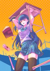 Rule 34 | 1girl, arms up, black thighhighs, blue hair, blue skirt, book, bow, bowtie, breasts, desk, eraser, highres, long hair, looking at viewer, medium breasts, one side up, open mouth, original, pencil case, pencil skirt, pleated skirt, school desk, school uniform, shirt, short sleeves, skirt, solo, textbook, thighhighs, tomamatto, very long hair, white shirt, zettai ryouiki