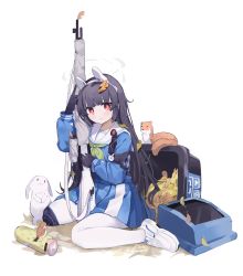 Rule 34 | 1girl, absurdres, animal ears, black hair, blue archive, blunt bangs, commentary, coria, fake animal ears, ferret, gun, hairband, highres, holding, holding gun, holding weapon, leaf, leaf on head, long hair, long sleeves, looking at viewer, miyu (blue archive), pantyhose, pleated skirt, rabbit, rabbit ears, red eyes, rifle, school uniform, serafuku, shoes, sidelocks, simple background, sitting, skirt, sneakers, sniper rifle, symbol-only commentary, trash can, wariza, weapon, white background, white pantyhose