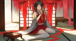Rule 34 | 1girl, bow, brown hair, closed mouth, collarbone, commentary, danzir, detached sleeves, frilled bow, frilled hair tubes, frills, full body, hair bow, hair tubes, hakurei reimu, hands up, highres, indoors, light frown, long hair, looking at viewer, midriff, neckerchief, on ground, red bow, red eyes, red skirt, red vest, sidelocks, sitting, skirt, skirt set, sliding doors, solo, thighhighs, touhou, tying hair, vest, wariza, white sleeves, white thighhighs, wide sleeves, yellow neckerchief