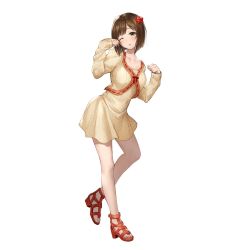 Rule 34 | 1girl, blush, breasts, brown footwear, brown hair, collarbone, commentary request, flower, full body, green eyes, hair flower, hair ornament, idolmaster, idolmaster cinderella girls, looking at viewer, maekawa miku, medium breasts, one eye closed, red flower, red rose, rose, shoes, short hair, simple background, sleeves past wrists, solo, takeashiro, white background