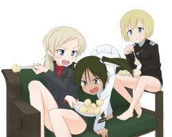 Rule 34 | 3girls, barefoot, black hair, blonde hair, blue eyes, couch, eating, erica hartmann, fang, food, fork, francesca lucchini, green eyes, hair ribbon, highres, martina crespi, military, military uniform, multiple girls, potato, ribbon, sanjou (weekly10), side ponytail, sitting, strike witches, strike witches: kurenai no majo-tachi, twintails, uniform, world witches series