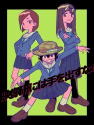 Rule 34 | 3girls, aqua necktie, artist name, asakusa midori, black-framed eyewear, black background, black hair, black pantyhose, black socks, blazer, blue jacket, blue skirt, blunt ends, blush, blush stickers, bob cut, breasts, bright pupils, brown eyes, brown footwear, brown hair, bucket hat, camouflage, camouflage headwear, closed mouth, commentary, copyright name, crossed arms, eizouken ni wa te wo dasu na!, eyewear on head, freckles, from side, full body, glasses, green background, green headwear, grimace, grin, hair between eyes, halftone texture, hands on own hips, hat, heel up, highres, inverted bob, jacket, kanamori sayaka, kneehighs, loafers, long hair, looking at viewer, looking to the side, menma (enaic31), mizusaki tsubame, multiple girls, necktie, outside border, outstretched arms, over-rim eyewear, pantyhose, parted lips, pleated skirt, rectangular eyewear, sailor collar, school uniform, semi-rimless eyewear, shoes, short hair, skirt, small breasts, smile, socks, spread legs, squatting, standing, swept bangs, symbol-only commentary, teeth, thick eyebrows, translated, twitter username, upturned eyes, white pupils, white sailor collar, white socks
