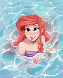 Rule 34 | 1girl, ariel (disney), artist logo, artist name, bare shoulders, bikini, blue eyes, blush, breasts, caustics, cleavage, collarbone, freckles, highres, long hair, looking at viewer, looking to the side, maria dresden, mermaid, monster girl, ocean, open mouth, partially submerged, red hair, shell, shell bikini, simple background, solo, swimsuit, teeth, the little mermaid, tongue, upper body, upper body only, water, watermark, wet