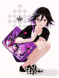 Rule 34 | 1boy, bare legs, black hair, black shirt, blush, character doll, character name, checkered background, checkered floor, checkered shoes, collarbone, commentary, danganronpa (series), danganronpa v3: killing harmony, full body, hair between eyes, heart, highres, looking at viewer, male focus, momota kaito, multicolored hair, on (onon2659), open mouth, oma kokichi, purple eyes, purple hair, shirt, short hair, short sleeves, smile, solo, squatting, two-tone hair
