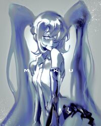 Rule 34 | 1girl, absurdres, bare shoulders, blue theme, breasts, character name, closed mouth, collared shirt, cowboy shot, detached sleeves, grey background, hair over one eye, hatsune miku, highres, jungujun, light particles, long hair, looking at viewer, looking to the side, medium breasts, miniskirt, monochrome, necktie, one eye covered, pleated skirt, shirt, skirt, solo, twintails, very long hair, vocaloid