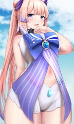 Rule 34 | 1girl, arm behind back, bare shoulders, blue bow, blush, body blush, bow, breasts, genshin impact, gradient hair, gweda, hair ornament, hand on own chest, large breasts, long hair, looking at viewer, multicolored hair, navel, open mouth, pink hair, purple eyes, purple hair, revealing clothes, sangonomiya kokomi, sleeveless, solo, very long hair, vision (genshin impact)