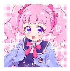 Rule 34 | 1girl, :d, aozora himari, blue jacket, blunt bangs, border, bow, chii (chi pppuri), commentary request, cropped jacket, hair bow, heart, highres, himitsu no aipri, jacket, long hair, long sleeves, looking at viewer, neck ribbon, open mouth, pink bow, pink hair, pink ribbon, pretty series, purple eyes, ribbon, school uniform, smile, solo, sparkle, twintails, upper body, white border