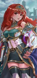 Rule 34 | 1girl, absurdres, armor, bare shoulders, black thighhighs, breastplate, breasts, castle, celica (fire emblem), cleavage, crown, dress, earrings, fingerless gloves, fire emblem, fire emblem echoes: shadows of valentia, fire emblem heroes, gloves, green armor, green gloves, highres, jewelry, karmamissile731, long hair, looking at viewer, medium breasts, nintendo, official alternate costume, red eyes, red hair, smile, solo, thighhighs, tiara, zettai ryouiki
