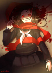 Rule 34 | 1girl, arm rest, artist name, aruberutoo, bad id, bad tumblr id, black sailor collar, black serafuku, black skirt, bleeding, bleeding from forehead, blood, blood from mouth, blood on face, blood on ground, blood splatter, brown background, brown hair, commentary, concrete, cowboy shot, dying, english commentary, enpera, false smile, forehead, fringe trim, from above, glowing, glowing eyes, hair ornament, hair spread out, hairclip, highres, kagerou project, long hair, long sleeves, looking at viewer, lying, neckerchief, no pupils, on back, on floor, parted lips, pleated skirt, red eyes, red scarf, sailor collar, scarf, school uniform, serafuku, single stripe, skirt, sleeve cuffs, smile, solo, striped, sunlight, tateyama ayano, tumblr username, white neckerchief, white stripes, winter uniform