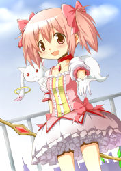 Rule 34 | 10s, 1girl, :3, :d, absurdres, animal, animal on shoulder, blush, bow (weapon), choker, dutch angle, gloves, hair ribbon, highres, hoop, kaname madoka, kantai collection, kyubey, looking at viewer, mahou shoujo madoka magica, mahou shoujo madoka magica (anime), official style, open mouth, pink eyes, pink hair, red eyes, ribbon, ribbon choker, smile, soul gem, tsubaki (tatajd), twintails, weapon