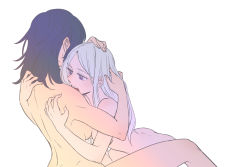 Rule 34 | 2girls, ass, back, bare shoulders, blue hair, breasts, byleth (female) (fire emblem), byleth (fire emblem), commentary request, couple, edelgard von hresvelg, fire emblem, fire emblem: three houses, from side, hand on another&#039;s head, hug, long hair, looking at another, multiple girls, nintendo, nude, open mouth, parted bangs, purple eyes, riromomo, sidelocks, simple background, sitting, white background, white hair, yuri