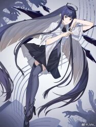 Rule 34 | 1girl, absurdly long hair, arknights, arm up, artist name, ascot, balancing, belt, belt buckle, black ascot, black bustier, black eyes, black footwear, black hair, black halo, black skirt, black thighhighs, black wings, blunt bangs, book, breasts, broken halo, buckle, bustier, buttons, chinese commentary, chinese text, closed mouth, collared jacket, colored inner hair, commentary request, dark halo, detached wings, dress shirt, en pointe, energy wings, eyelashes, full body, gradient background, grey background, grey hair, grey shirt, grey skirt, halo, hands up, high heels, highres, hime cut, jacket, leg up, long hair, looking at viewer, lyta, medium breasts, miniskirt, multicolored clothes, multicolored hair, multicolored skirt, on book, open book, outstretched hand, pale skin, pleated skirt, reaching towards another, shirt, short-sleeved jacket, short sleeves, sidelocks, skirt, smile, solo, staff (music), standing, standing on one leg, strappy heels, thighhighs, tiptoes, two-tone background, two-tone hair, two-tone skirt, very long hair, virtuosa (arknights), watermark, weibo logo, weibo username, white background, white belt, white jacket, wide sleeves, wing collar, wings, zettai ryouiki