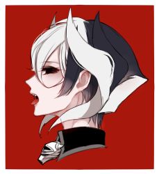 Rule 34 | 1girl, bad id, bad pixiv id, black eyes, black hair, from side, hair between eyes, looking at viewer, made in abyss, mamaloni, multicolored hair, open mouth, ozen, portrait, profile, red background, saliva, short hair, simple background, solo, tongue, tongue out, two-tone hair, whistle, white hair, wing collar