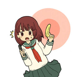 Rule 34 | 1girl, ^^^, banana, blush stickers, brown background, brown eyes, brown hair, commentary request, food, fruit, green sailor collar, green skirt, gun, handgun, highres, holding, holding food, holding gun, holding weapon, long sleeves, looking at viewer, neckerchief, open mouth, original, pleated skirt, red neckerchief, sailor collar, school uniform, serafuku, shirt, short eyebrows, skirt, solo, sweatdrop, thick eyebrows, two-tone background, weapon, white background, white shirt, yukimoto shuuji (gurigura)