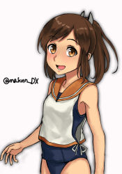Rule 34 | 1girl, blue one-piece swimsuit, breasts, brown eyes, brown hair, cowboy shot, hair ornament, highres, i-401 (kancolle), kantai collection, looking at viewer, maakun (makun dx), medium breasts, medium hair, one-hour drawing challenge, one-piece swimsuit, orange sailor collar, ponytail, sailor collar, school swimsuit, shirt, short ponytail, side-tie shirt, simple background, sleeveless, sleeveless shirt, smile, solo, swimsuit, swimsuit under clothes, tan, twitter username, white background