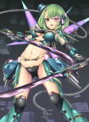Rule 34 | 1girl, android, armor, bikini armor, brown eyes, dual wielding, gloves, green eyes, hat, headgear, holding, mecha musume, mini hat, mini top hat, navel, original, robot, sasaame, scouter, short hair, solo, sword, top hat, weapon