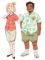 Rule 34 | animal crossing, arm hair, bad id, bad twitter id, blonde hair, blue eyes, blush stickers, brown eyes, brown footwear, brown hair, commentary, dark-skinned male, dark skin, earrings, english commentary, facial hair, goatee, green footwear, green shirt, hair ribbon, hand in pocket, hand on own face, hawaiian shirt, humanization, isabelle (animal crossing), jewelry, leaf print, leg hair, looking to the side, nintendo, red ribbon, red shirt, ribbon, sandals, shirt, shoes, short hair, shorts, simple background, skirt, socks, stubble, thick eyebrows, tom nook (animal crossing), tomatomagica, white background, wrinkled skin