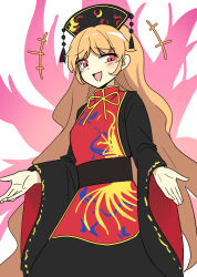 Rule 34 | +++, 1girl, black dress, black headwear, blush, chinese clothes, dress, e.o., junko (touhou), long hair, long sleeves, open mouth, orange hair, phoenix crown, red eyes, simple background, smile, solo, tabard, touhou, white background, wide sleeves