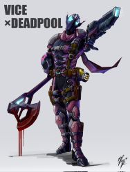 Rule 34 | 1boy, adapted costume, armor, axe, belt buckle, blood, bloody weapon, buckle, commentary request, cowboy shot, crossover, deadpool, deadpool (series), demon boy, dripping, full body, fusion, gun, hair slicked back, hammer, handgun, helmet, highres, holster, holstered, kamen rider, kamen rider revice, kamen rider vice, mallet, marvel, pink armor, pink scarf, pistol, pointy ears, scarf, shoulder armor, tyrannosaurus rex, vice (kamen rider revice), weapon, white hair, zagizagi