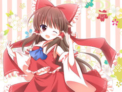 Rule 34 | 1girl, ;d, ascot, bare shoulders, blush, bow, brown eyes, brown hair, detached sleeves, hair bow, hair ribbon, hair tubes, hakurei reimu, kashiwadokoro, large bow, long hair, long ribbon, looking at viewer, one eye closed, open mouth, playing with own hair, ribbon, ribbon-trimmed sleeves, ribbon trim, smile, solo, touhou