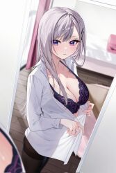 Rule 34 | 1girl, bed, black pantyhose, blue bra, blush, bra, breasts, chigusa minori, cleavage, collarbone, collared shirt, commentary request, corrupted twitter file, grey hair, hair ornament, hairclip, highres, indoors, lacy lingerie, large breasts, long hair, long sleeves, mirror, pantyhose, parted lips, reflection, saotome shino (shino to ren), shino to ren, shirt, solo, thighband pantyhose, underwear, white shirt, wooden floor