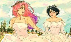 Rule 34 | 2girls, alien stage, bare shoulders, black hair, blush, bridal veil, closed eyes, collarbone, detached sleeves, dress, female focus, gloves, gradient hair, head wreath, highres, holding another&#039;s arm, juliet sleeves, long hair, long sleeves, mizi (alien stage), multicolored hair, multiple girls, nanassiil, open mouth, outdoors, pink hair, puffy sleeves, running, short hair, smile, sua (alien stage), veil, wedding dress, white dress, white gloves, wife and wife, yuri