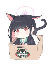 Rule 34 | 1girl, absurdres, animal ears, black hair, black jacket, blue archive, blush, box, cat ears, cat girl, cat tail, chibi, english text, halo, highres, hood, hooded jacket, jacket, kazusa (blue archive), looking at viewer, multicolored hair, pink eyes, pink halo, shirt, simple background, solo, tail, two-tone hair, white background, white shirt, yosik