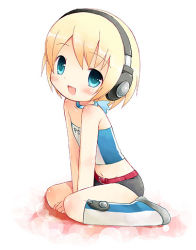 Rule 34 | 00s, 1girl, aged down, bad id, bad pixiv id, bare shoulders, blonde hair, blue eyes, blush, boots, child, flat chest, headphones, kneeling, lowres, open mouth, pinky street, short hair, short shorts, shorts, sitting, solo, strapless, tube top, white background, yukagen
