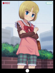 Rule 34 | 1girl, bag, battery indicator, binbou shimai monogatari, black border, blonde hair, blue eyes, blurry, blurry background, blush, bob cut, border, bow, brown bag, closed mouth, collarbone, commentary request, commission, cowboy shot, crossed arms, dress, dress bow, echigoya ginko, film grain, flat chest, frilled dress, frilled shorts, frills, frown, green shorts, highres, long sleeves, looking at viewer, microdress, outdoors, parted bangs, pink dress, plaid, plaid shorts, recording, red bow, short hair, shorts, shoulder bag, skeb commission, sleeveless, sleeveless dress, solo, standing, stupa13a, sweatdrop, viewfinder