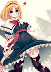 Rule 34 | 1girl, absurdres, alice margatroid, ascot, blonde hair, blue dress, blue eyes, capelet, doll, doll joints, dress, frilled ascot, frilled dress, frills, hairband, highres, holding, joints, medium hair, navel, penglai tea, puffy short sleeves, puffy sleeves, red hairband, severed limb, short sleeves, solo, thighhighs, torn clothes, torn thighhighs, touhou, white capelet