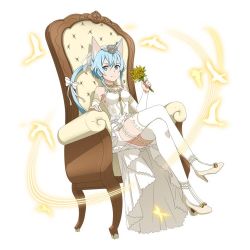 Rule 34 | 1girl, animal ears, blue eyes, blue hair, bouquet, bow, breasts, bridal veil, cat ears, cat tail, chair, collarbone, crossed legs, dress, flower, full body, hair bow, hair ribbon, high heels, holding, holding bouquet, looking at viewer, medium breasts, ribbon, senritsu type1, short dress, short hair with long locks, sidelocks, simple background, sinon, sinon (sao-alo), sitting, sleeveless, sleeveless dress, smile, solo, sword art online, tail, tail bow, tail ornament, thighhighs, veil, white background, white bow, white dress, white ribbon, white thighhighs, yellow flower