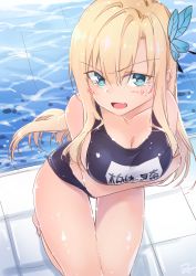 Rule 34 | 1girl, blonde hair, blue eyes, boku wa tomodachi ga sukunai, breasts, butterfly hair ornament, fang, from above, hair ornament, highres, kashiwazaki sena, kneeling, large breasts, long hair, looking at viewer, name tag, one-piece swimsuit, pool, poolside, school swimsuit, solo, swimsuit, yomio