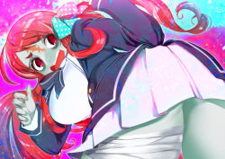Rule 34 | 1girl, ahoge, ass, bandages, bent over, blush, bow, breasts, colored skin, green skin, hair bow, hakkasame, large breasts, long hair, long sleeves, looking back, minamoto sakura, monster girl, open mouth, pleated skirt, red eyes, red hair, school uniform, skirt, solo, teeth, thighs, tongue, upper teeth only, zombie, zombie girl, zombie land saga