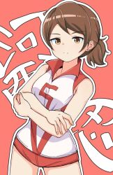 Rule 34 | 1girl, brown eyes, brown hair, character name, closed mouth, commentary, cowboy shot, crossed arms, frown, girls und panzer, kawanishi shinobu, looking at viewer, micro shorts, outline, red background, red shirt, red shorts, shirt, short hair, short ponytail, shorts, sleeveless, sleeveless shirt, solo, sportswear, standing, swept bangs, tanuki noyama, text background, translated, volleyball uniform, white outline