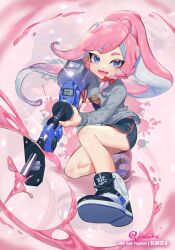 Rule 34 | 1girl, artist name, black footwear, black shorts, blue eyes, commentary, dot nose, e-liter 4k (splatoon), fang, grey shirt, gun, high ponytail, highres, holding, holding gun, holding weapon, jinkobanana, long hair, long sleeves, low-tied long hair, nintendo, octoling, octoling girl, octoling player character, open mouth, paint, pink hair, rifle, shirt, shoes, shorts, sniper rifle, solo, splatoon (series), swept bangs, symbol-only commentary, tentacle hair, weapon, white footwear