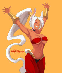Rule 34 | 1girl, animal ears, arabian clothes, armpits, arms up, bad id, bad pixiv id, bandeau, black choker, boku no hero academia, bracer, breasts, choker, circlet, cleavage, collarbone, commentary, cosplay, cowboy shot, dark-skinned female, dark skin, female focus, grin, harem pants, high ponytail, koshio, large breasts, long hair, looking at viewer, midriff, mirko, navel, o-ring, o-ring top, orange background, pants, patreon username, rabbit ears, rabbit tail, red eyes, red pants, shantae, shantae (cosplay), shantae (series), simple background, smile, solo, tail, teeth, trait connection, underboob, very long hair, watermark, web address, white hair