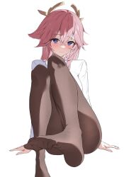 Rule 34 | 1girl, alternate costume, arm support, blush, brown pantyhose, closed mouth, collared shirt, crossed bangs, eyelashes, feet, fine fabric emphasis, foot focus, foot out of frame, foreshortening, genshin impact, hair between eyes, hair ornament, highres, knees together feet apart, knees up, legs, long sleeves, looking at viewer, nenight, no pants, no shoes, pantyhose, pink hair, purple eyes, shirt, sidelocks, simple background, soles, solo, thighs, toe scrunch, toes, white background, white shirt, yae miko