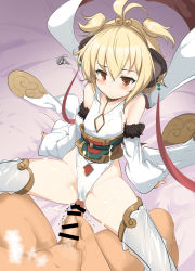 Rule 34 | 1boy, 1girl, andira (granblue fantasy), animal ears, antenna hair, bar censor, bare shoulders, blonde hair, blush, breasts, censored, cleavage cutout, closed mouth, clothed female nude male, clothing cutout, collarbone, commentary request, cum, cum on body, cum on lower body, detached sleeves, feet out of frame, fur trim, granblue fantasy, highres, leotard, male pubic hair, momio, monkey ears, nude, penis, pubic hair, red eyes, short hair, sitting, small breasts, solo focus, spread legs, thighhighs, two side up, white thighhighs, wide sleeves
