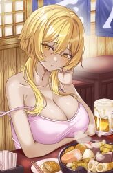 Rule 34 | 1girl, absurdres, alcohol, alternate breast size, alternate costume, bare arms, bare shoulders, beer, beer mug, blonde hair, breasts, camisole, collarbone, commentary request, cup, food, genshin impact, hair between eyes, head tilt, highres, indoors, large breasts, long hair, looking at viewer, lumine (genshin impact), mug, o-los, parted lips, sidelocks, solo, spaghetti strap, upper body, yellow eyes