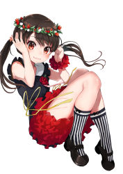 Rule 34 | 1girl, absurdres, bare shoulders, black footwear, black shirt, blush, brown hair, closed mouth, commentary request, highres, long hair, looking at viewer, mary janes, mugcup, original, red eyes, red scrunchie, red skirt, scrunchie, shirt, shoes, simple background, skirt, sleeveless, sleeveless shirt, smile, socks, solo, striped clothes, striped socks, twintails, vertical-striped clothes, vertical-striped socks, white background