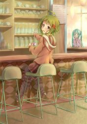 Rule 34 | 2girls, aqua eyes, aqua hair, bar (place), boots, cafe, cup, drinking, glass, green hair, gumi, hatsune miku, high heels, knee boots, long hair, looking back, multiple girls, pachi (sugiyama0306), pantyhose, shoes, short hair, sitting, stool, teacup, twintails, v, vocaloid